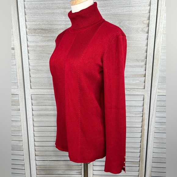 TAHARI Lightweight Turtleneck Sweater Stretchy Ribbed Red-Large - Picture 2 of 4
